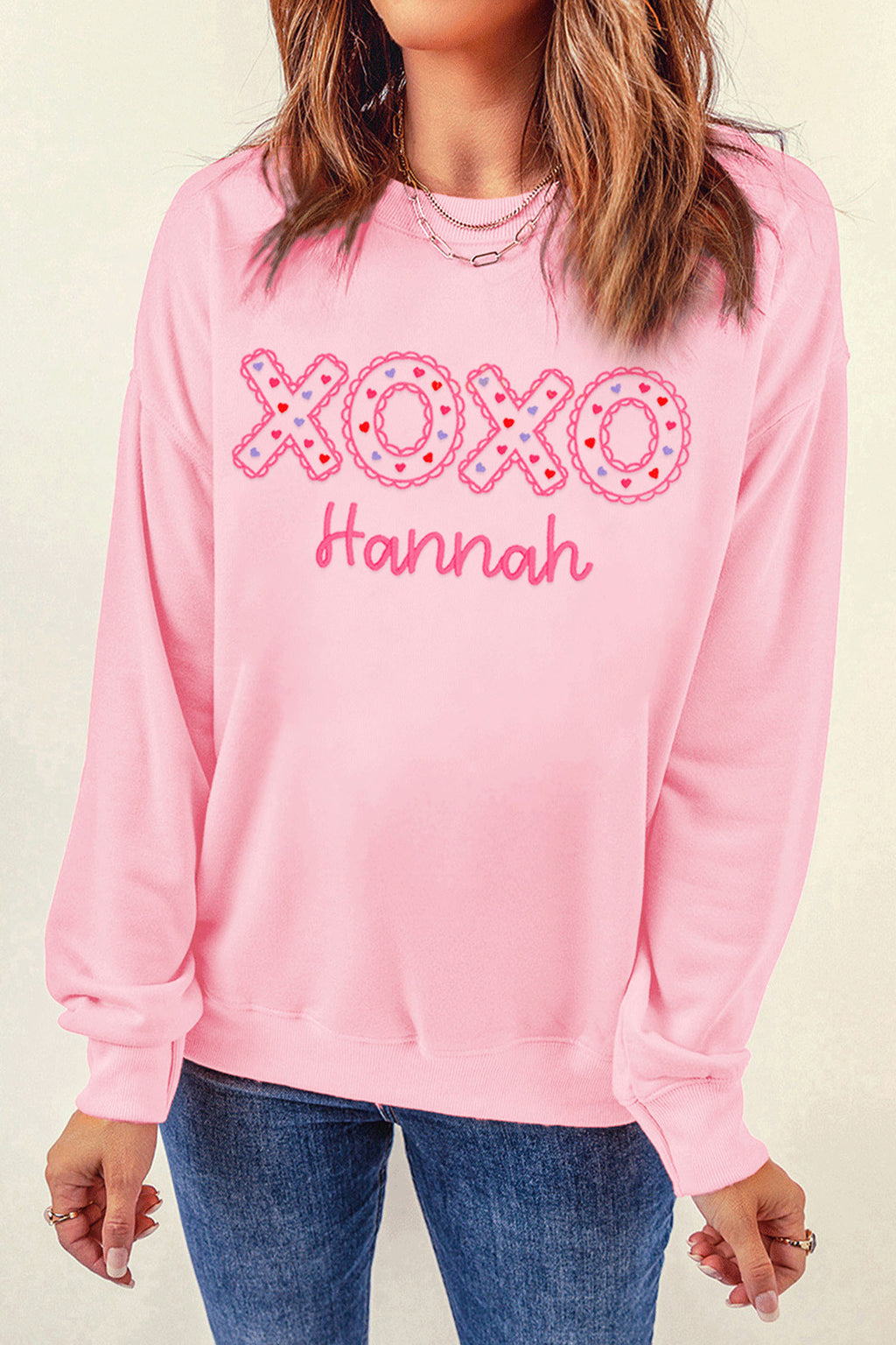 Pink Playful XOXO Letter Embroidered Hannah Pullover Sweatshirt