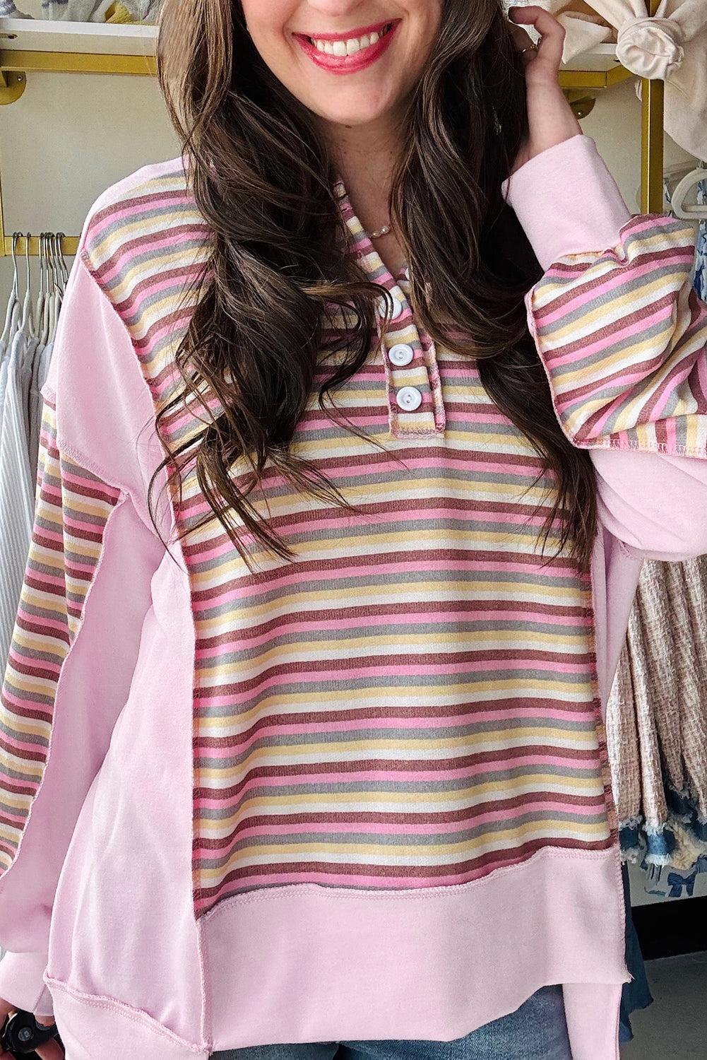 Pink Striped Patchwork Button V Neck Pullover Sweatshirt