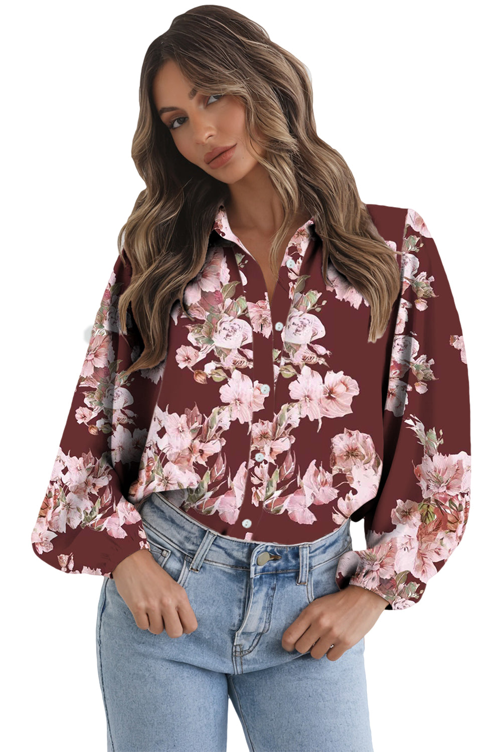Brown Floral Puff Sleeve Lightweight Shirt