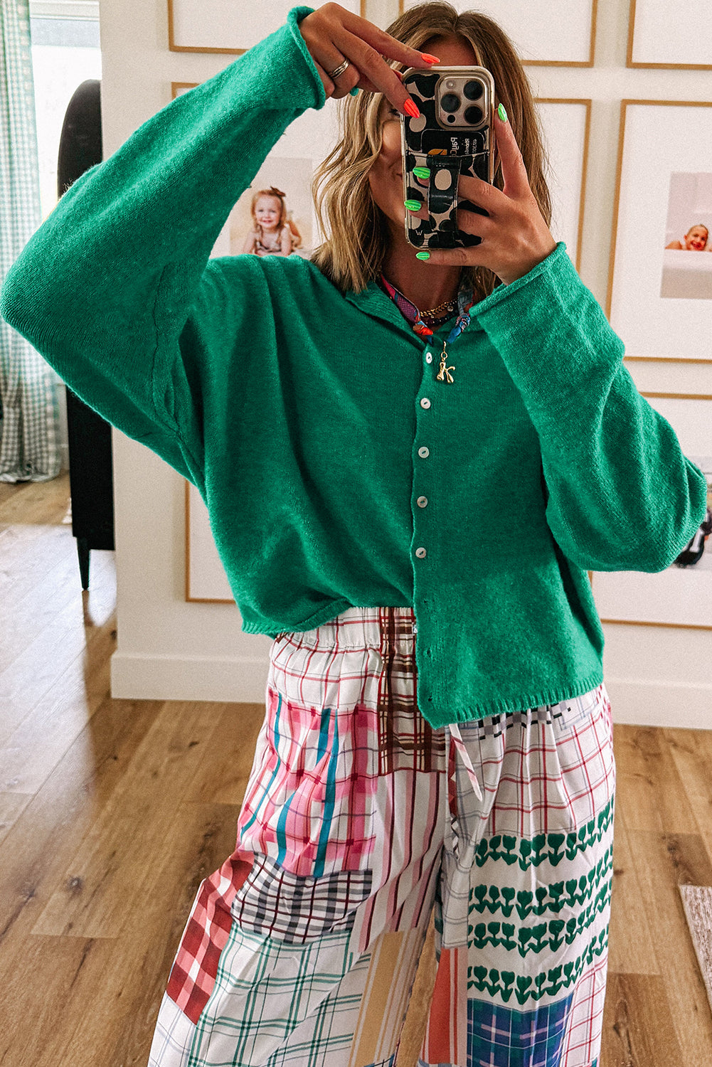 Bright Green Solid Color Button Drop Shoulder Knit Cardigan