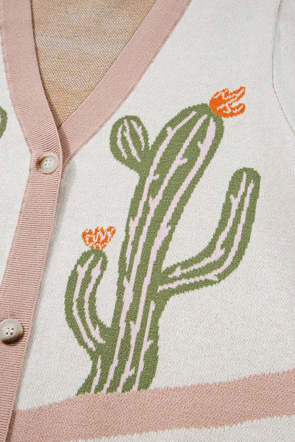 Apricot Cactus Pattern Button Front Knit Cardigan