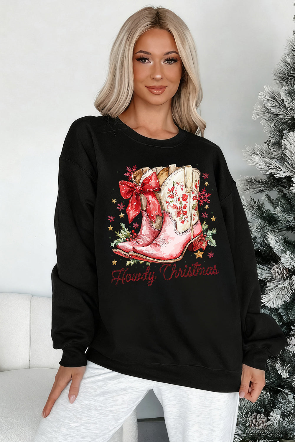 Black Howdy Christmas Boots Heat Transfer Printing Baggy Sweatshirt