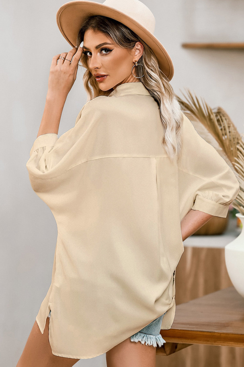 Apricot 3/4 Puff Sleeve Oversize Shirt