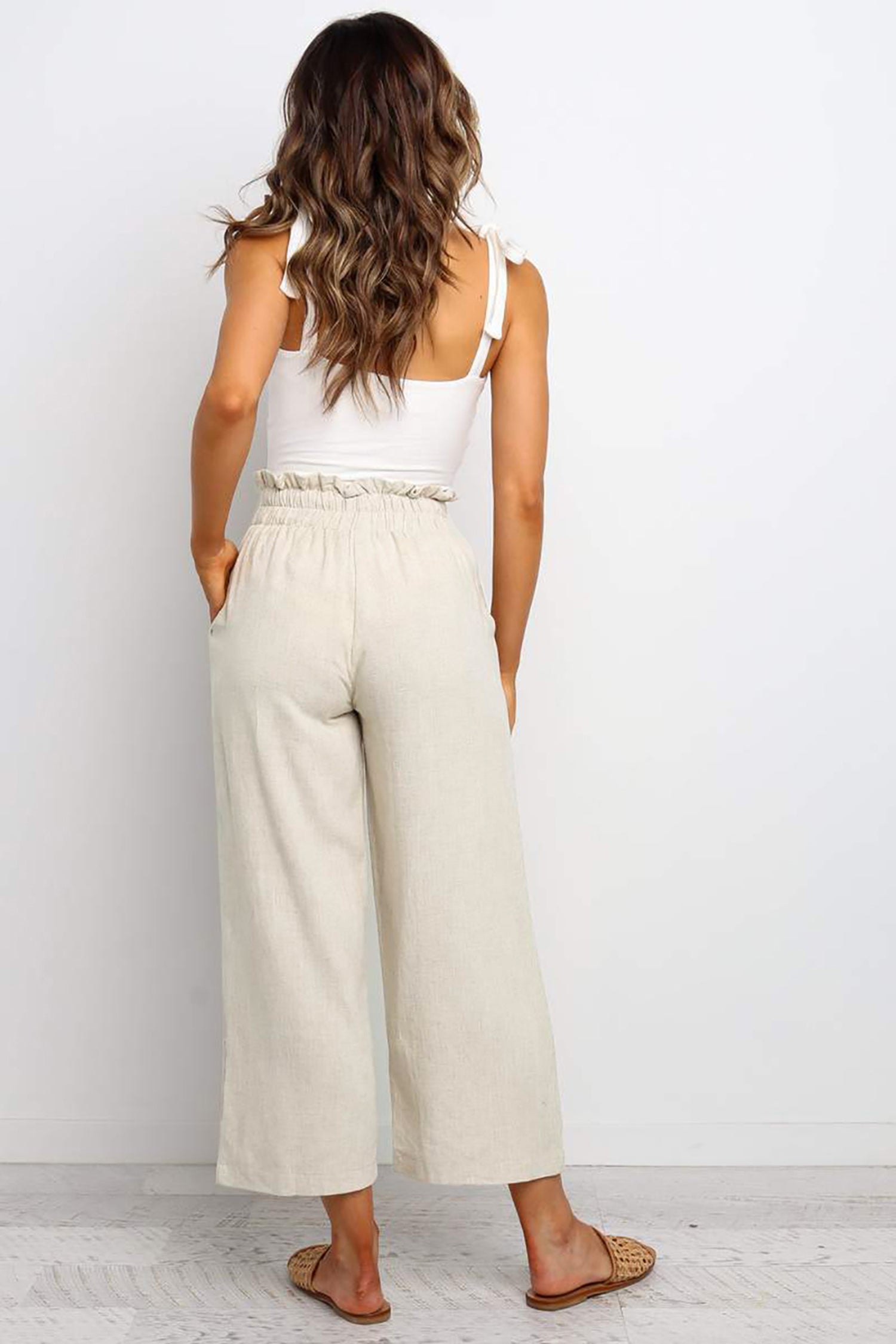 Khaki Paperbag Waist Straight Leg Cropped Pants