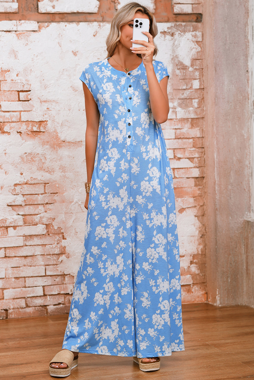 Myosotis Floral Print Sleeveless Wide Leg Jumpsuit