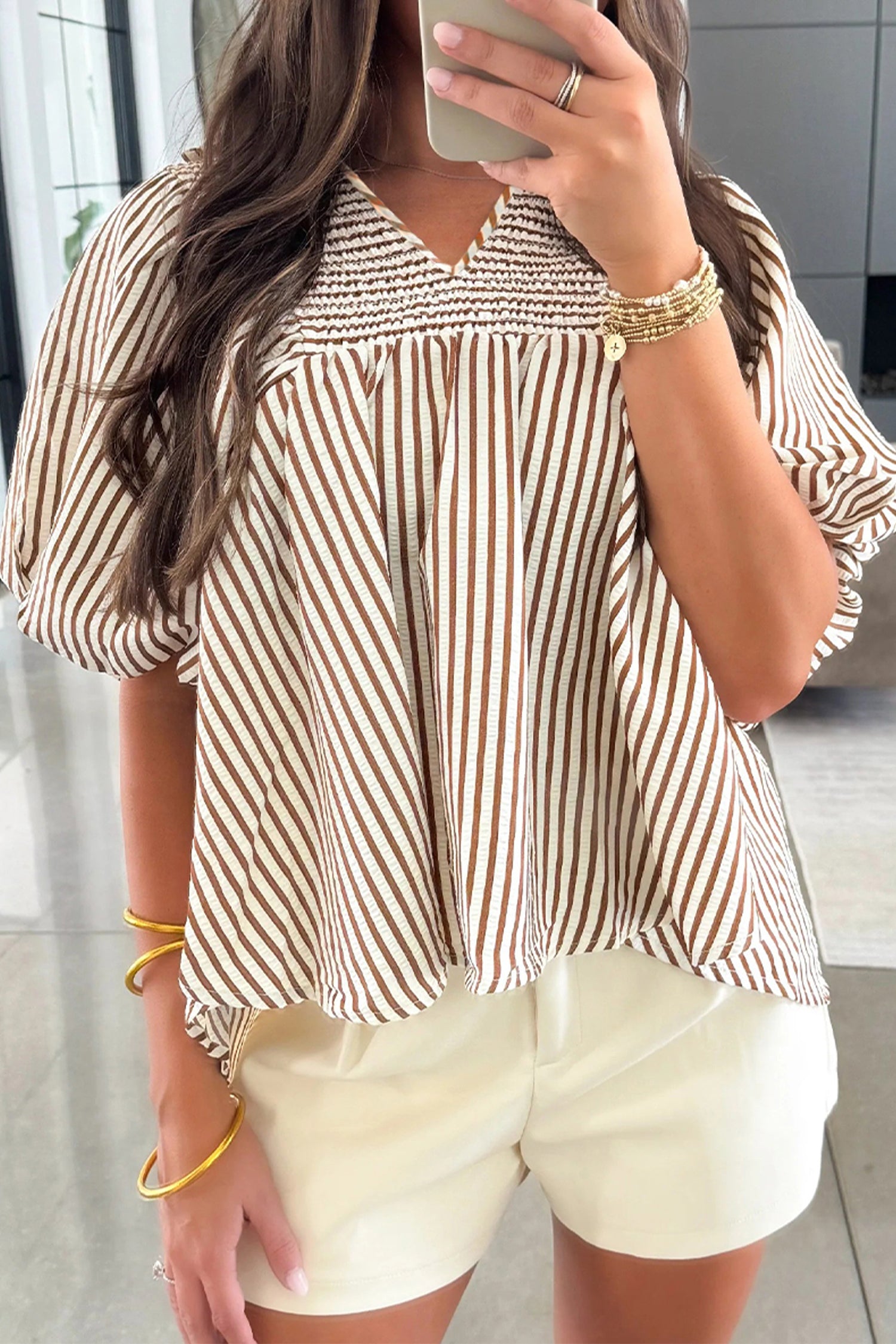 Brown Stripe Shirred V Neck Short Puff Sleeve Blouse