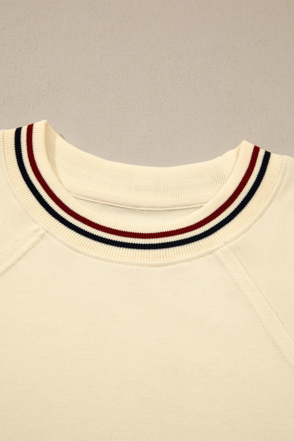 Beige Contrast Varsity Striped Neckline Cuffed Short Sleeve Loose Tunic Top