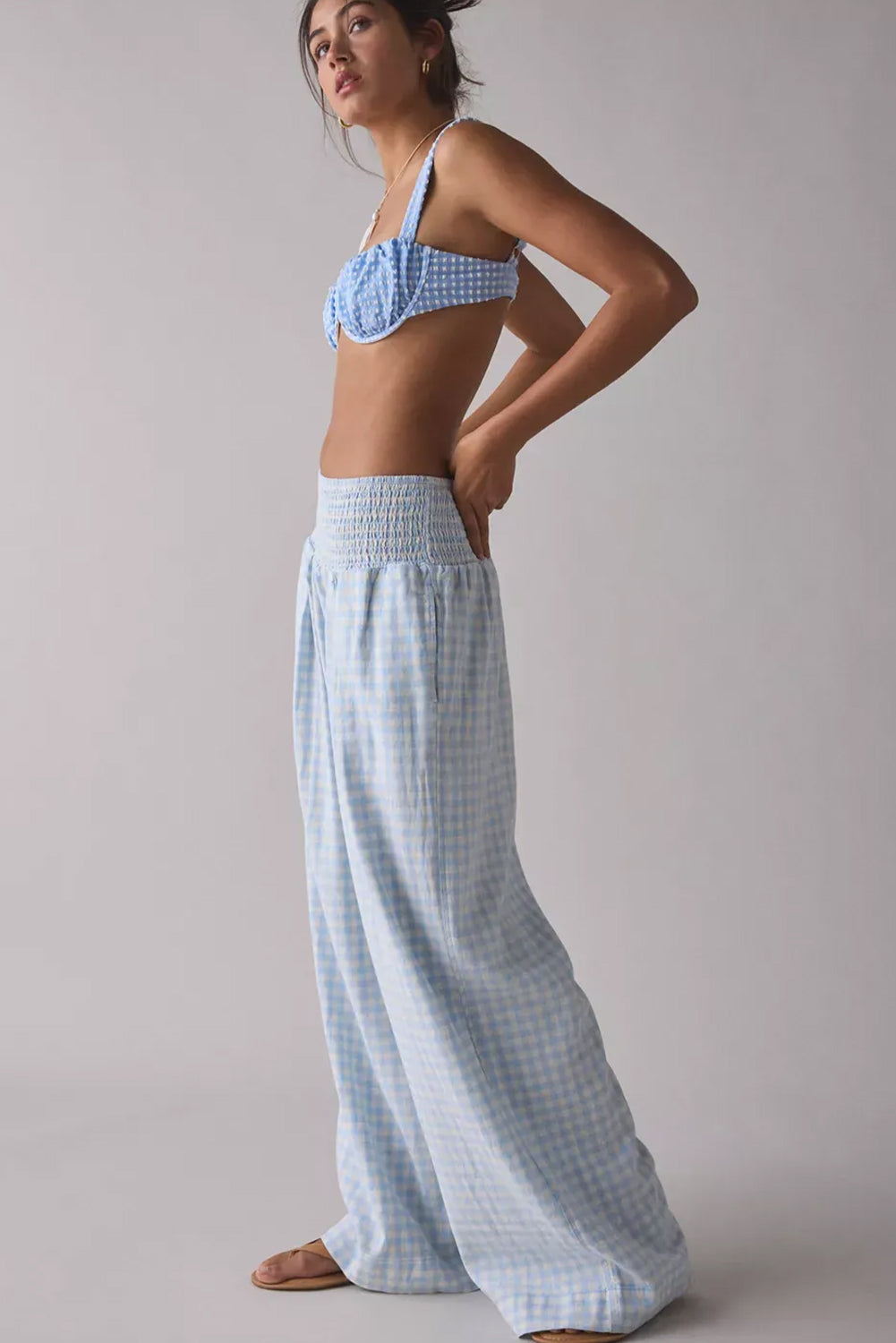 Pantalon ample taille haute à carreaux vichy Myosotis