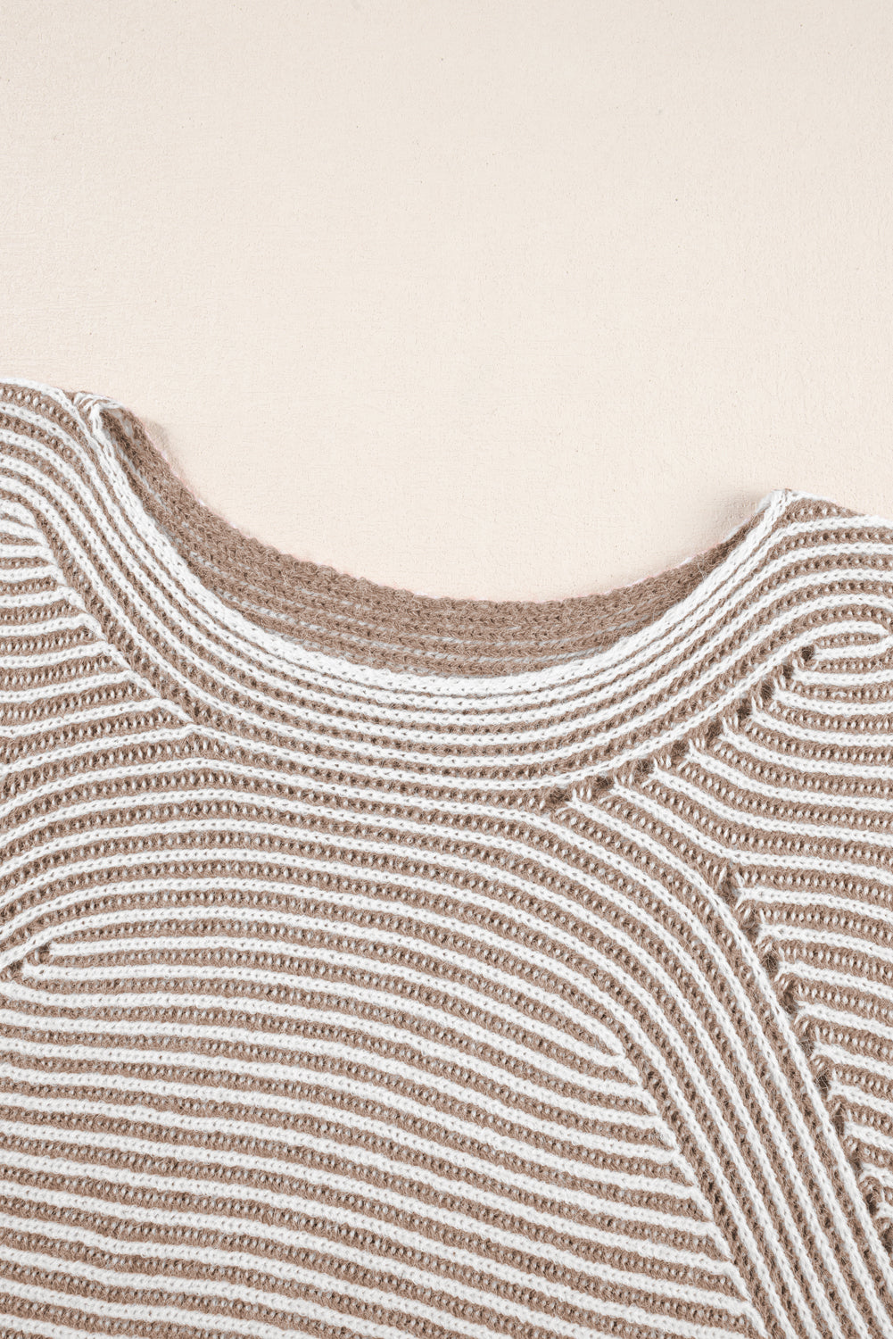 Light French Beige Striped Print Ribbed Knit Raglan Sleeve Baggy Sweater
