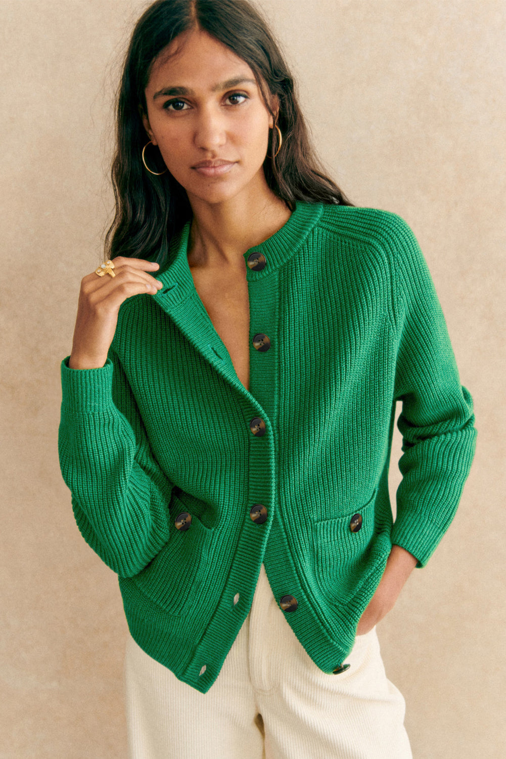 Dark Green Chunky Buttoned Front Round Neck Cardigan Sweater