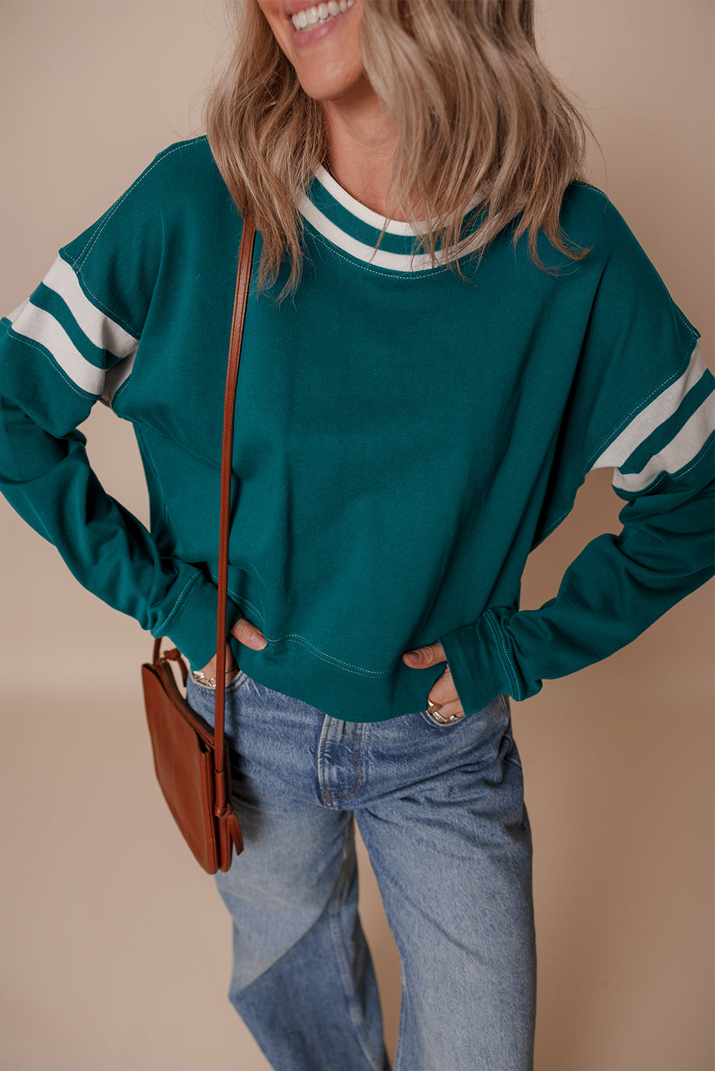 Blackish Green Contrast Striped Patchwork Drop Shoulder Sweatshirt