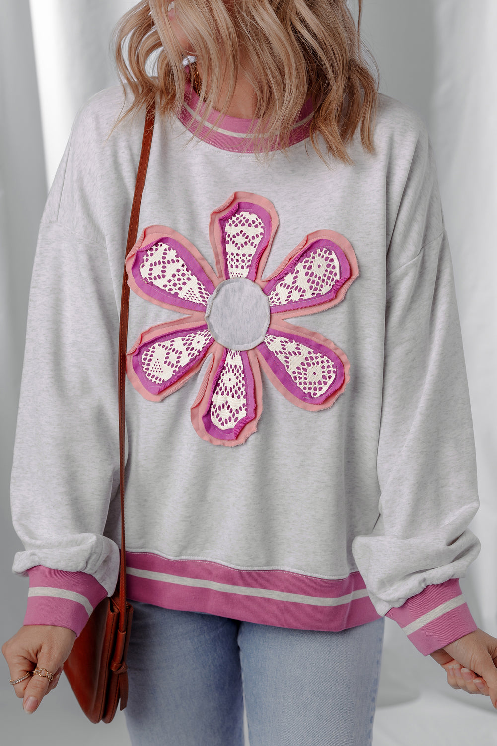Gray Flower Patch Contrast Trim Crew Neck Sweatshirt