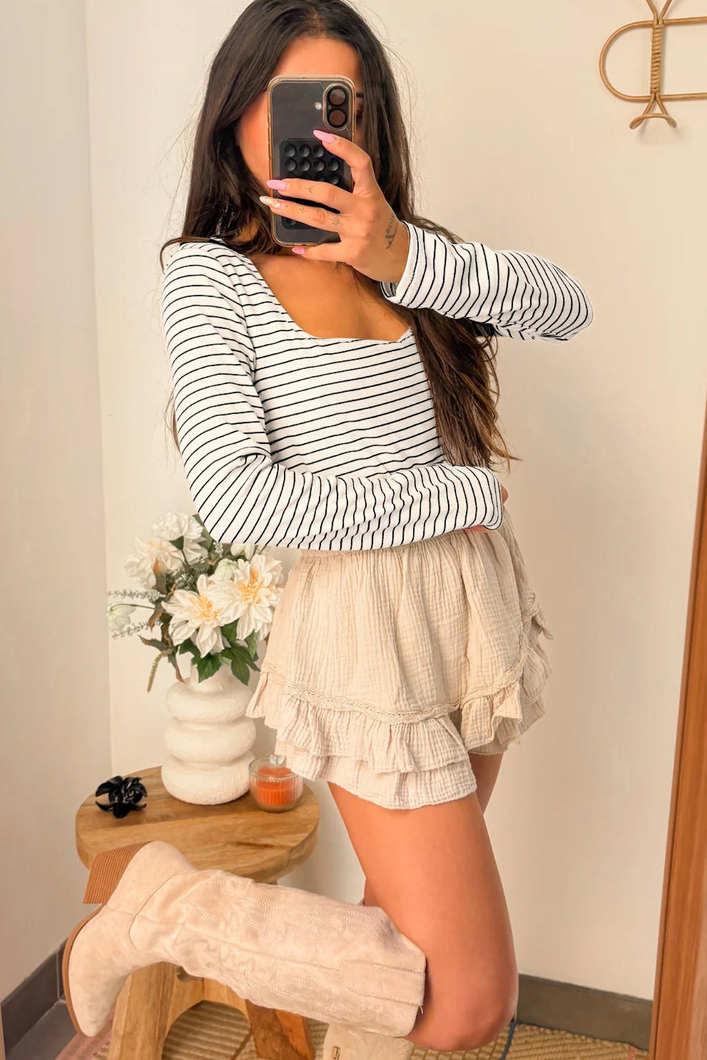 Brown Stripe Square Neck Long Sleeve Top