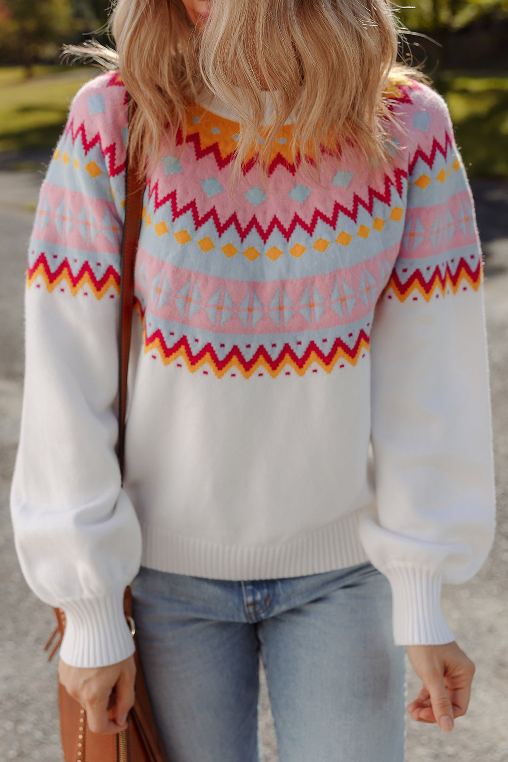 White Ethnic Geometric Colorblock Pattern Drop Shoulder Sweater
