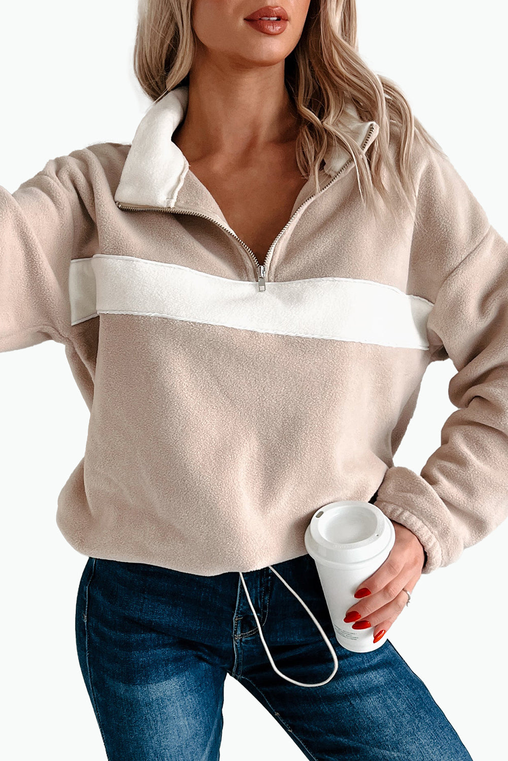 Parchment Fleece Colorblock Patchwork Zipped Collar Pullover Sweatshirt