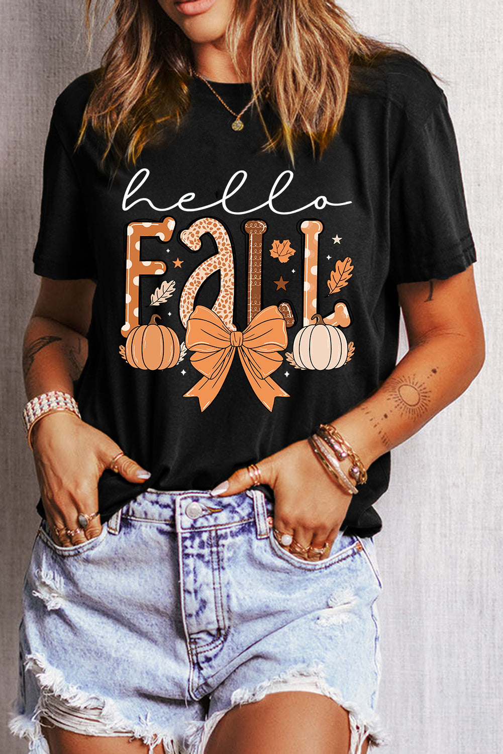 Black Hello Fall Thanksgiving Bow Pumpkin Graphic Tee