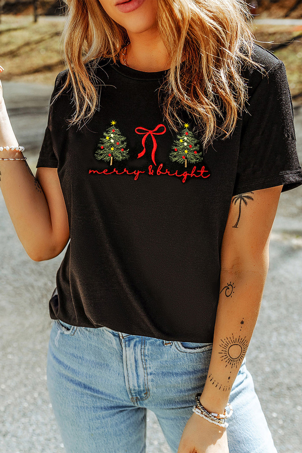 Black Christmas Tree merry & bright Ribbon Bow Embroidered Tee