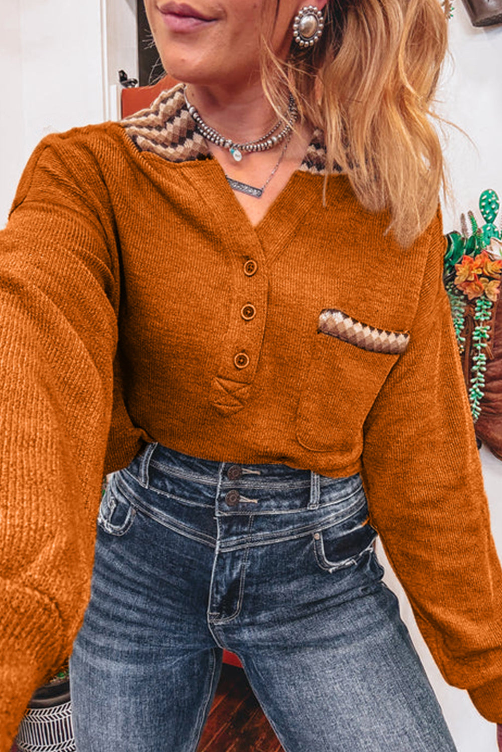 Straw Yellow Contrast Plaid Hooded Patchwork Pocket Henley Top