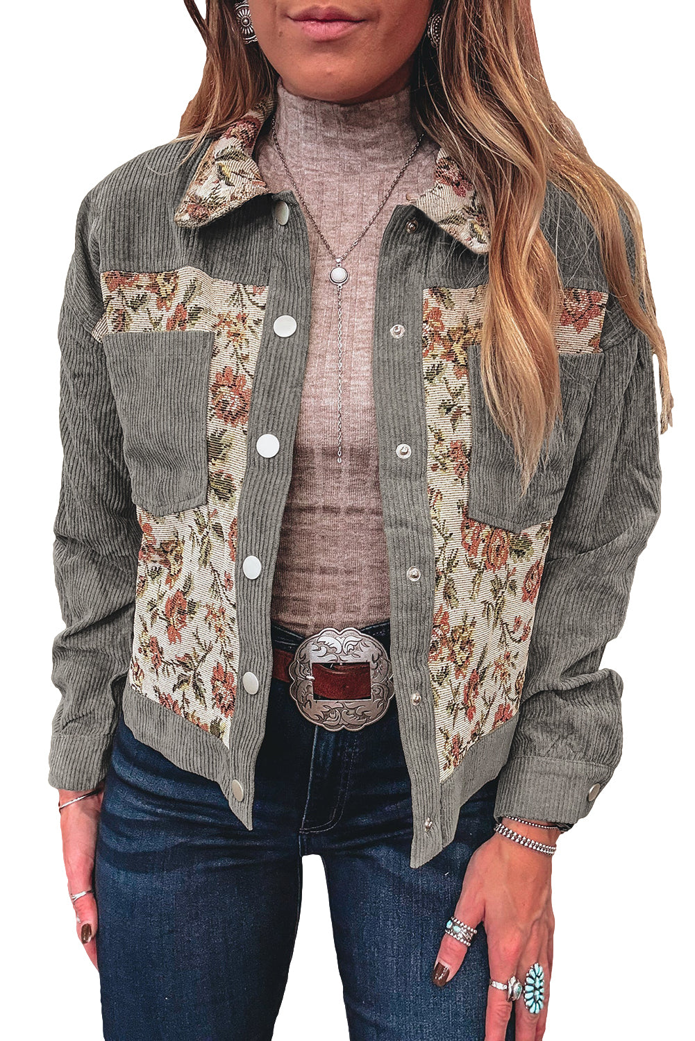 Medium Grey Ribbed Retro Floral Patchwork Jacket