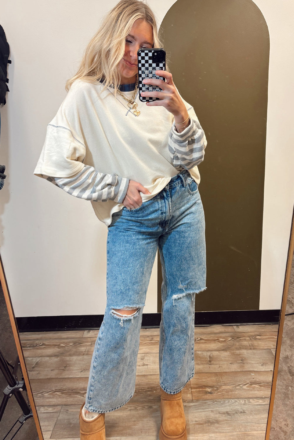 Beige Striped Patchwork Two-in-one Long Sleeve Top