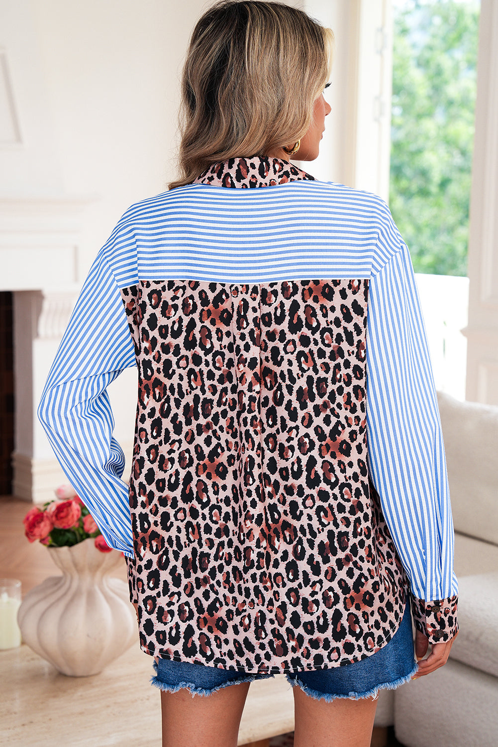 Racing Red Leopard and Striped Patchwork Button Shirt