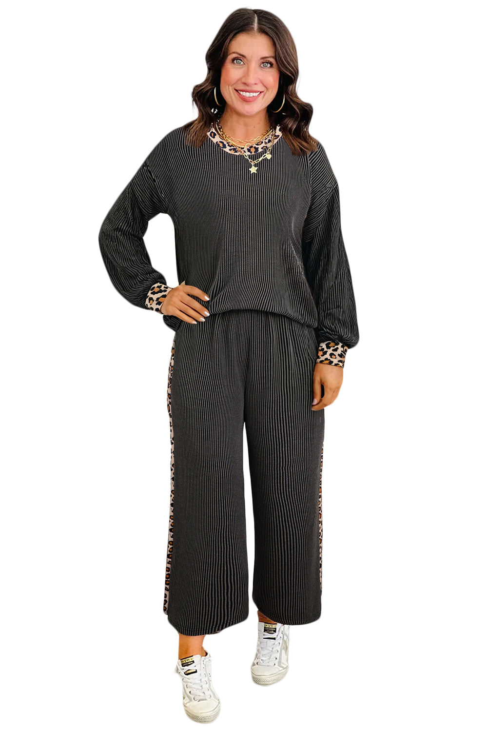 Carbon Grey Twisted Rib Leopard Patchwork Detail 2pcs Pants Set