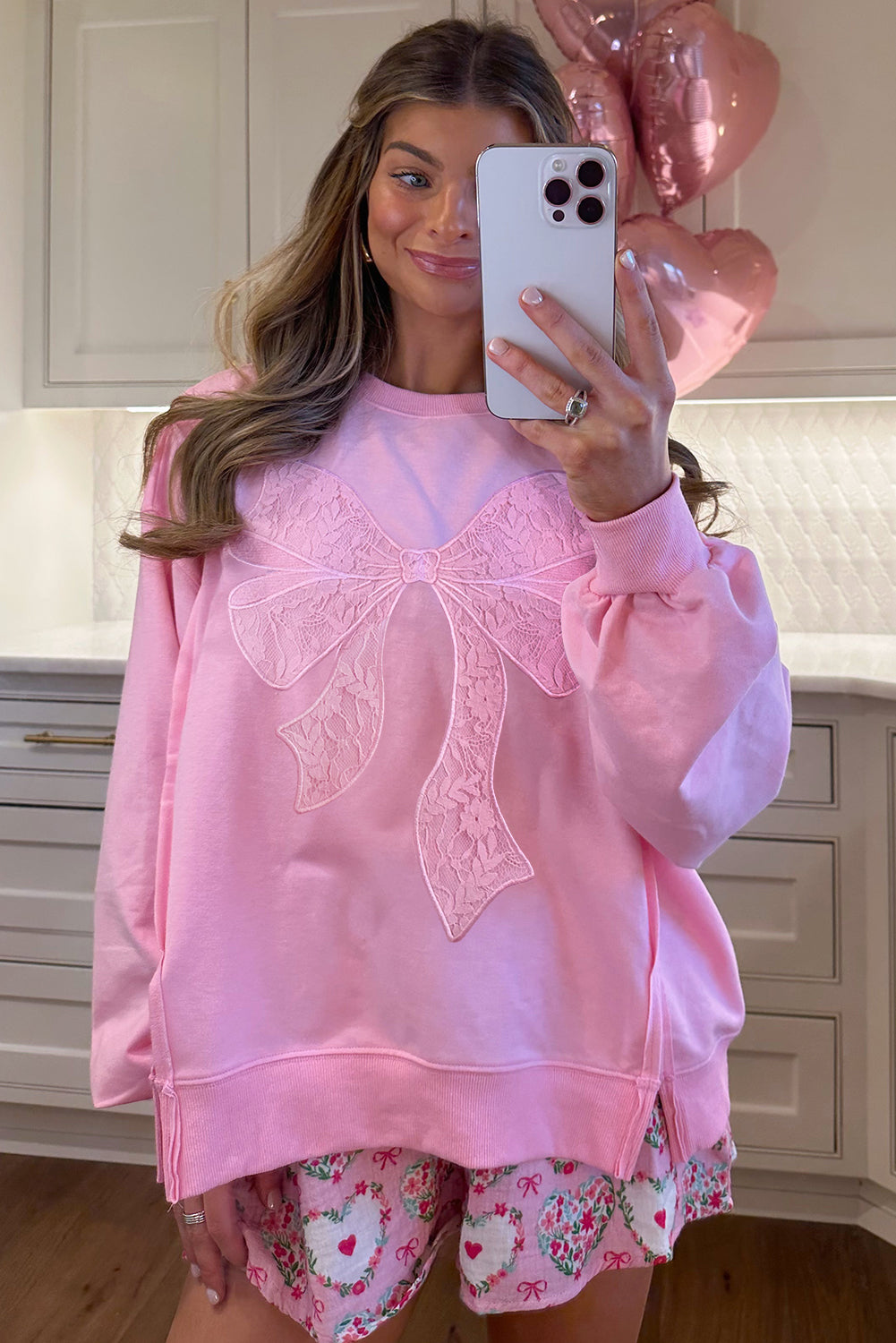 Bonbon Lace Bow Embroidered Exposed Seam Sweatshirt