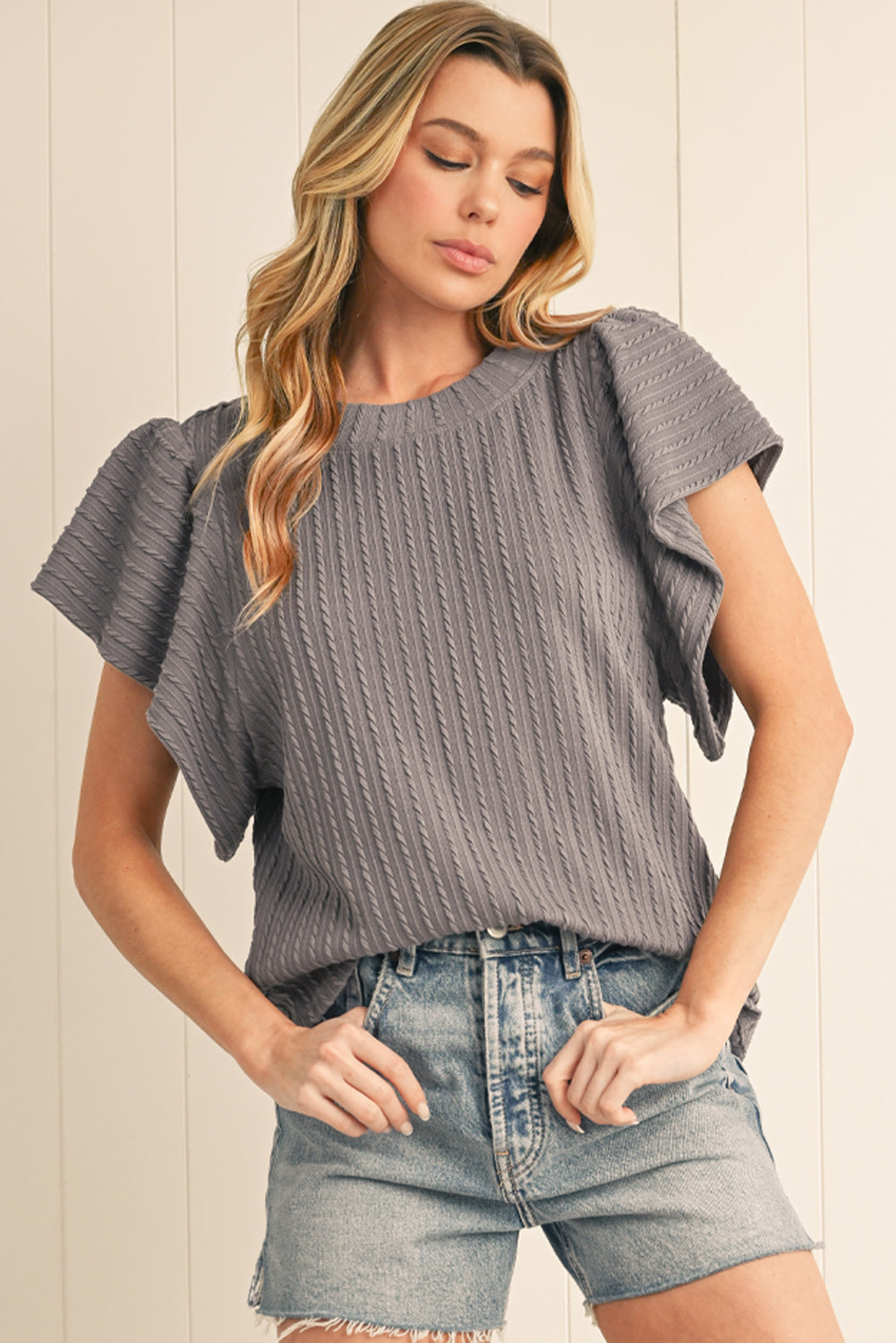 Beige Solid Color Textured Ruffle Short Sleeve Knit Top
