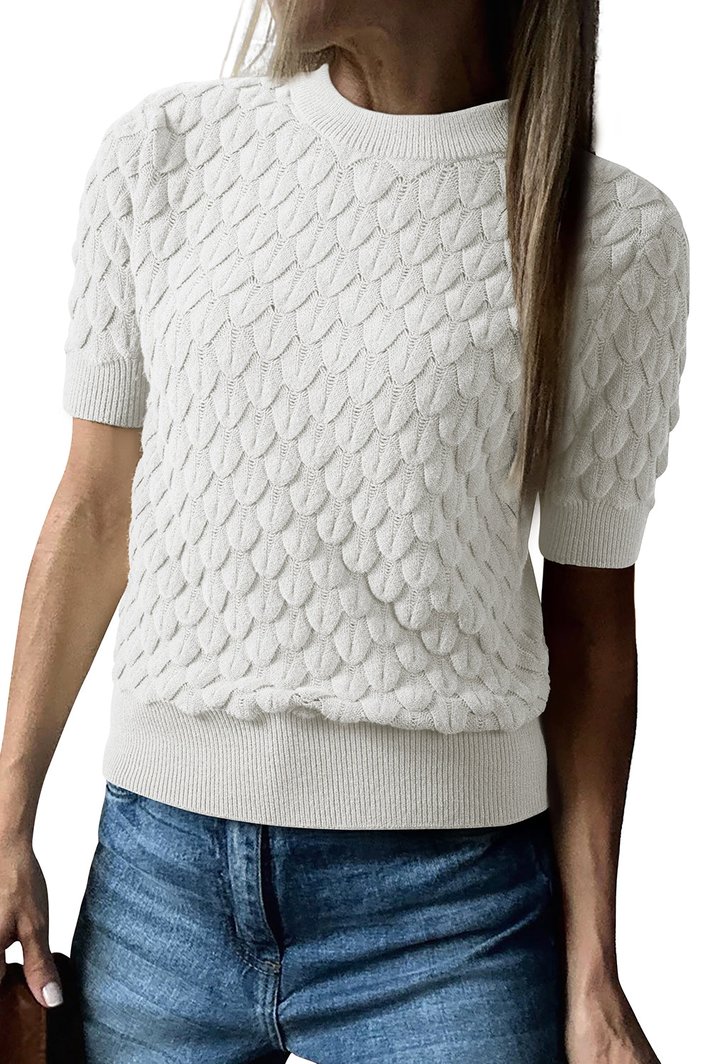 Straw Yellow Fish Scale Textured Knit Ribbed High Neck Short Sleeve Sweater