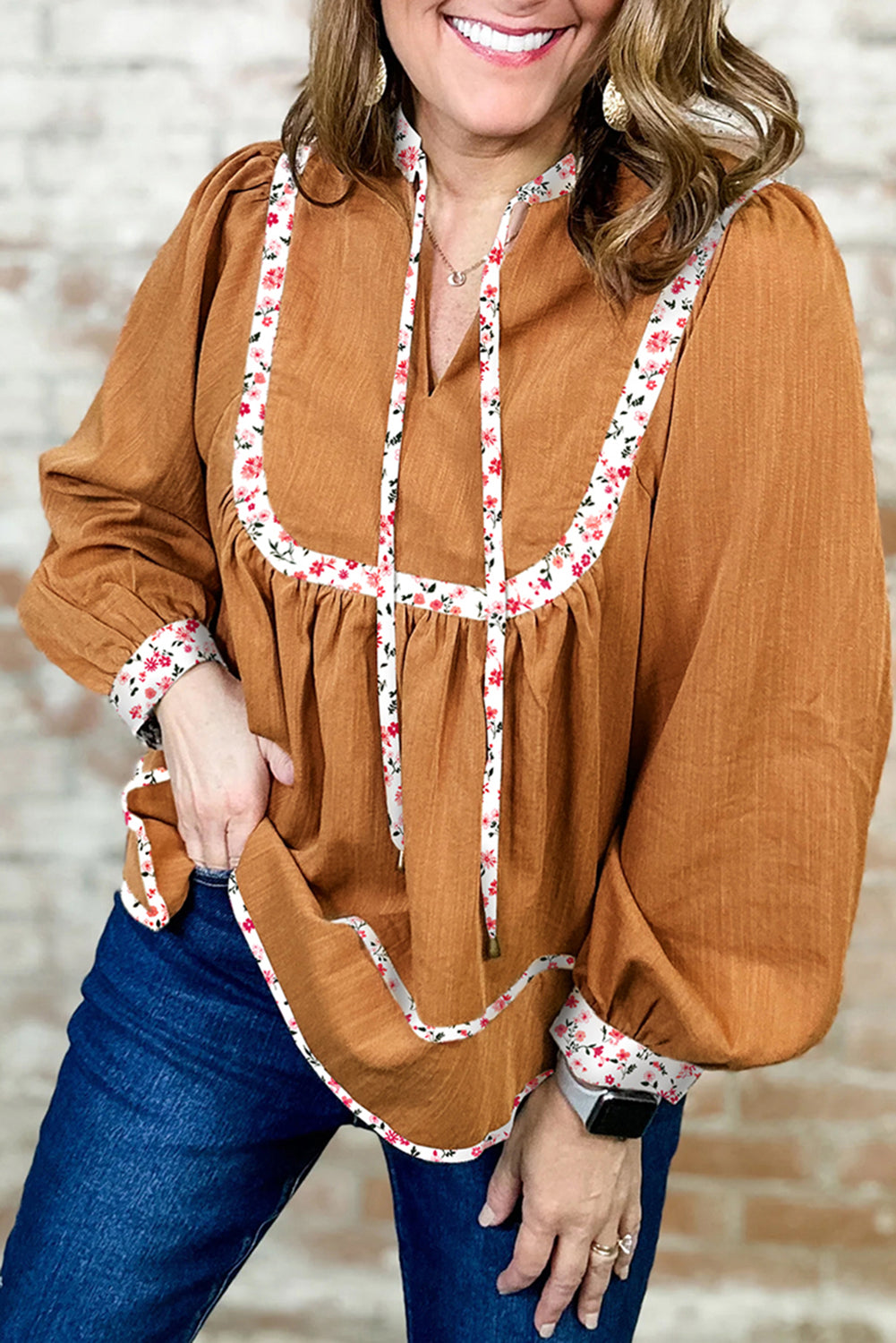 Straw Yellow Split Neck Pleated Floral Trim Puff Sleeve Blouse