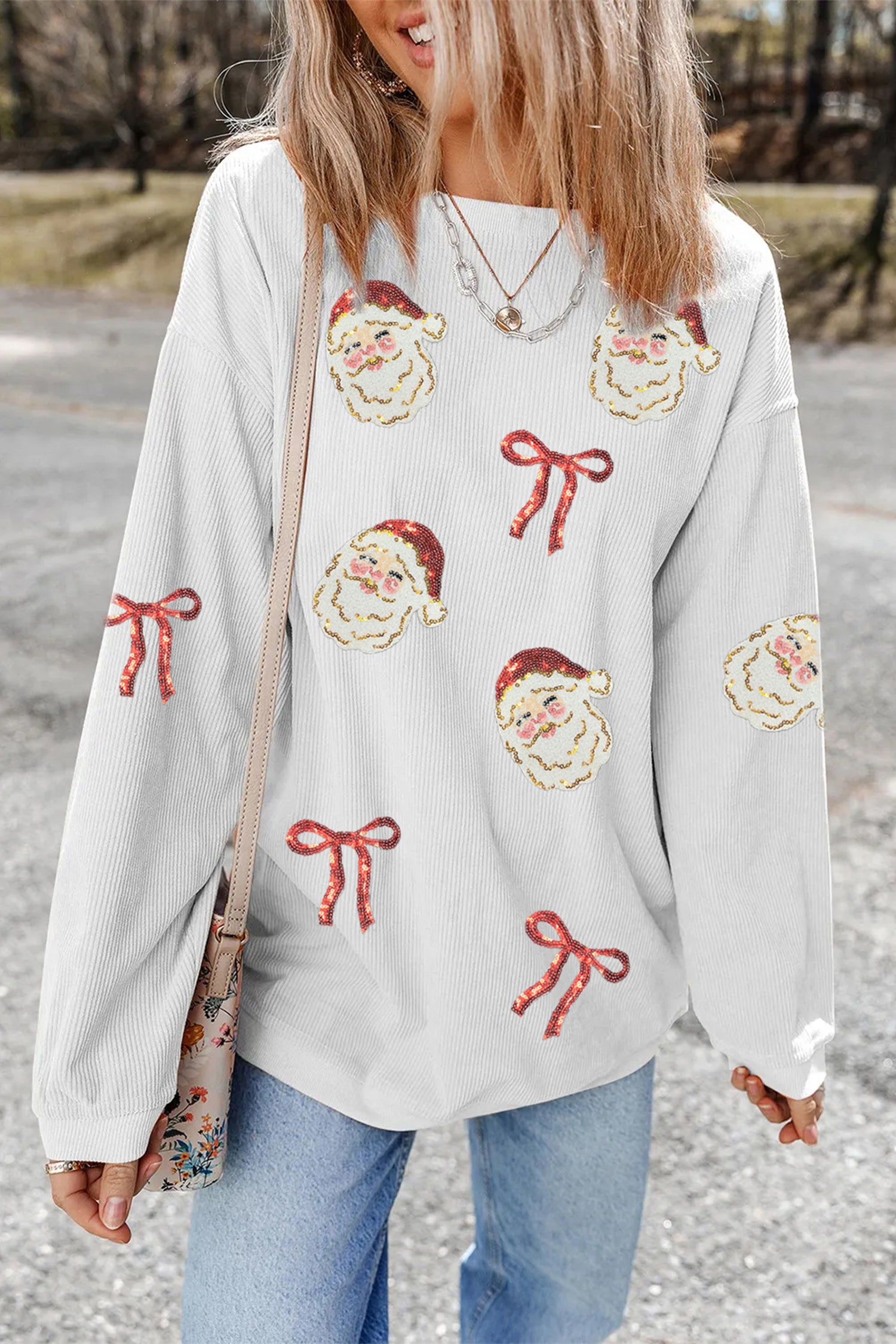 White Corded Rib Sequin Santa Bow Patched Drop Shoulder Graphic Sweatshirt