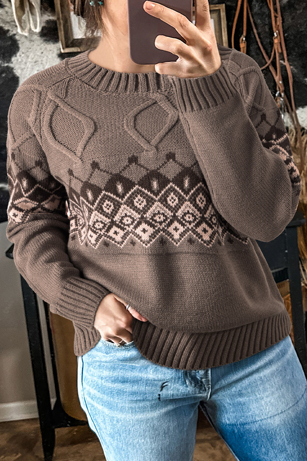 Light French Beige Geometric Pattern Crew Neck Knitted Sweater