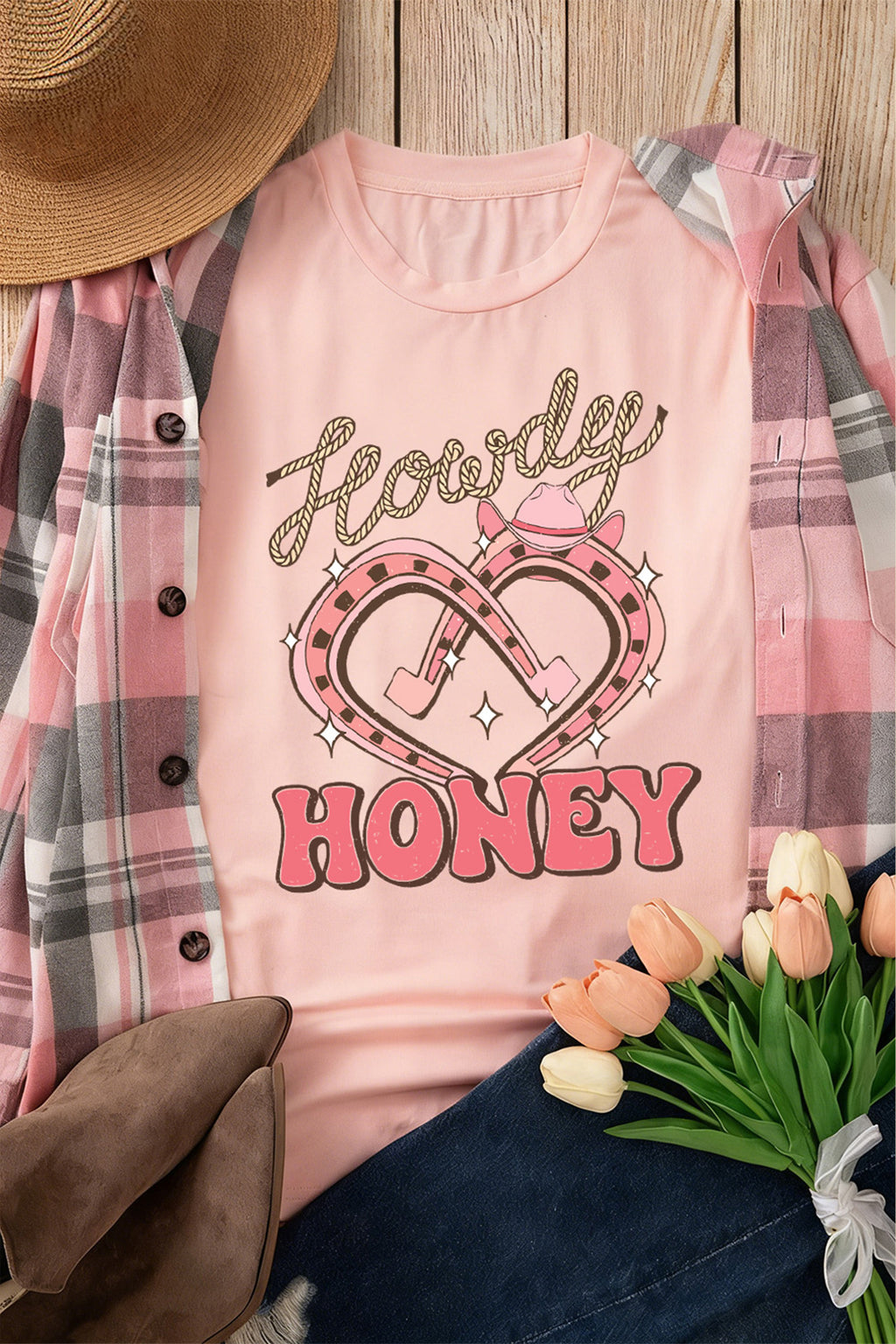 Pink Howdy HONEY Horseshoe Heart Printed T Shirt