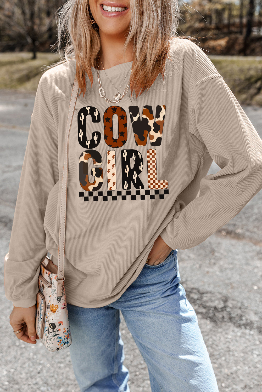 Smoke Gray Letter Print Corduroy Baggy Sweatshirt