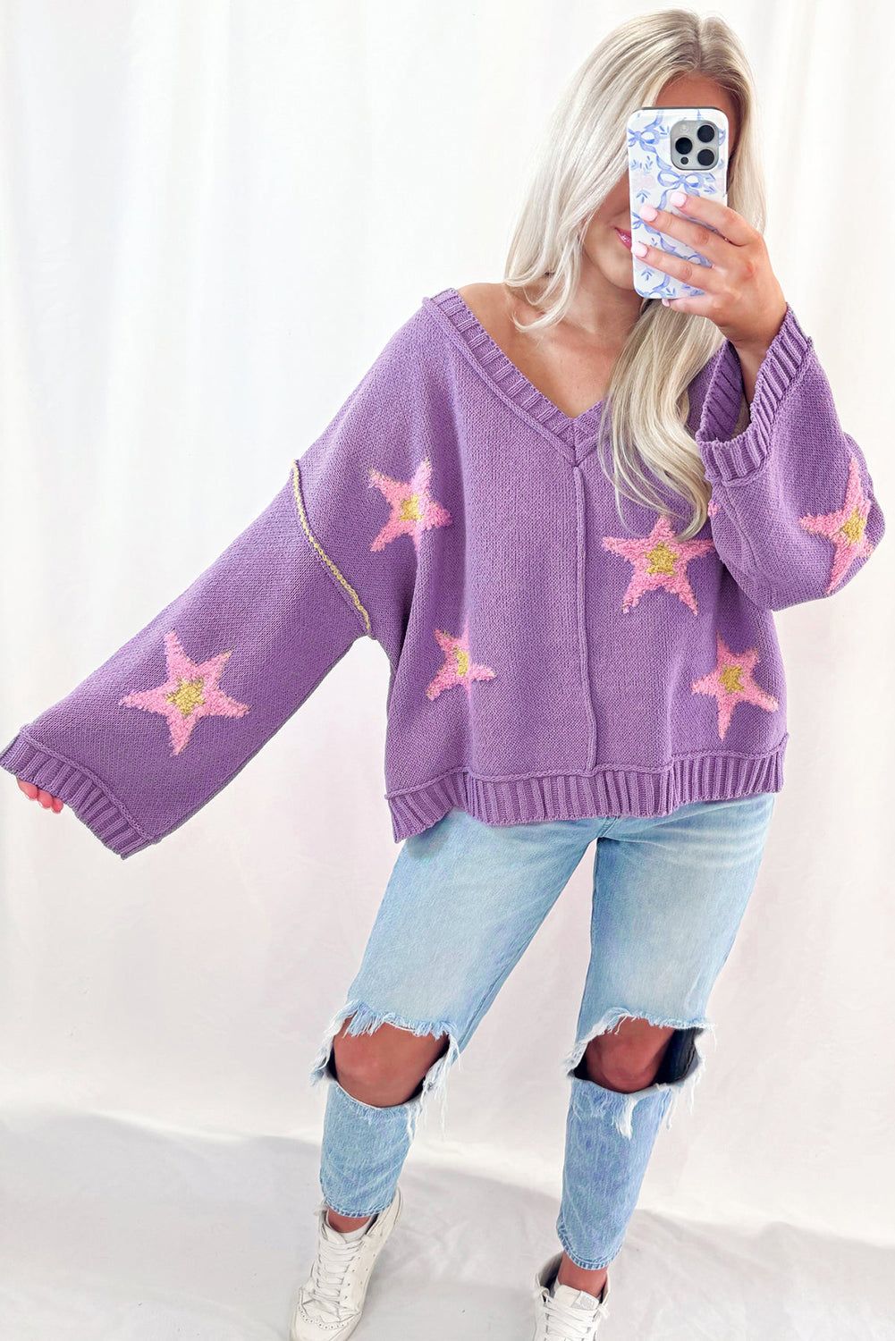 Pull oversize à col en V et épaules tombantes, motif étoile brossé Lavendula