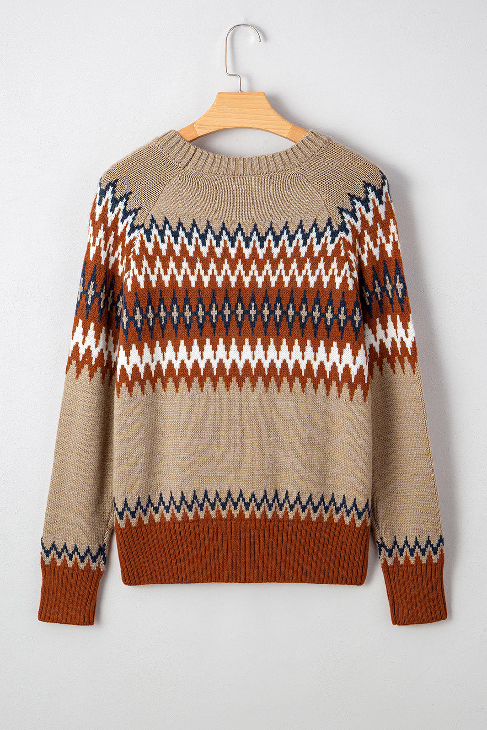 Khaki Geometric Print Colorblock Crew Neck Sweater