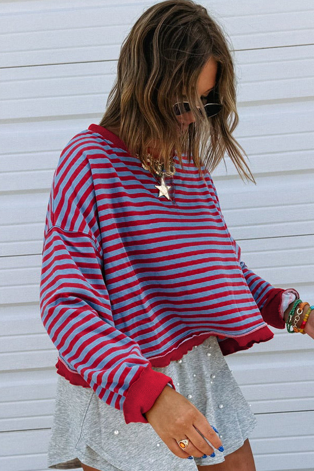 Red Stripe Exposed Seam Contrast Ribbed Trim Oversize Sweatshirt