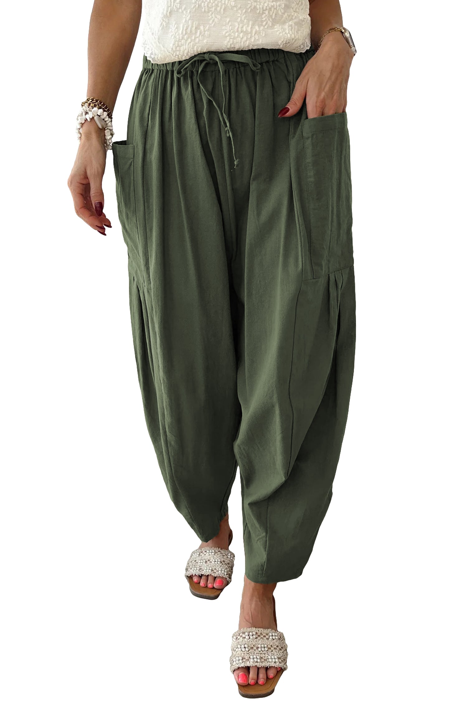 Jungle Green Drawstring Elastic Waist Patch Pocket Barrel Leg Casual Pants