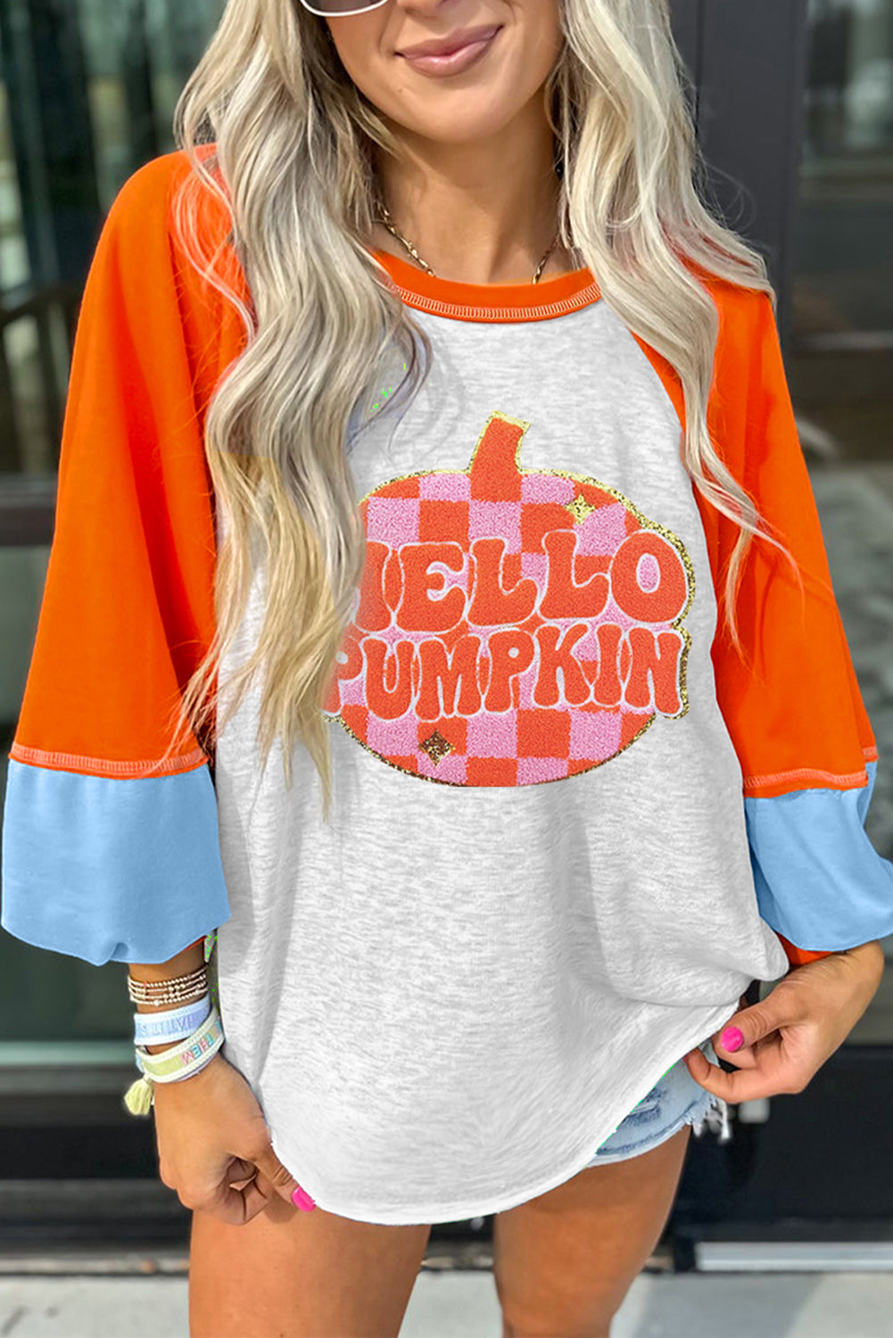 Light Grey HELLO PUMPKIN Patched Graphic Colorblock Raglan Sleeve Top