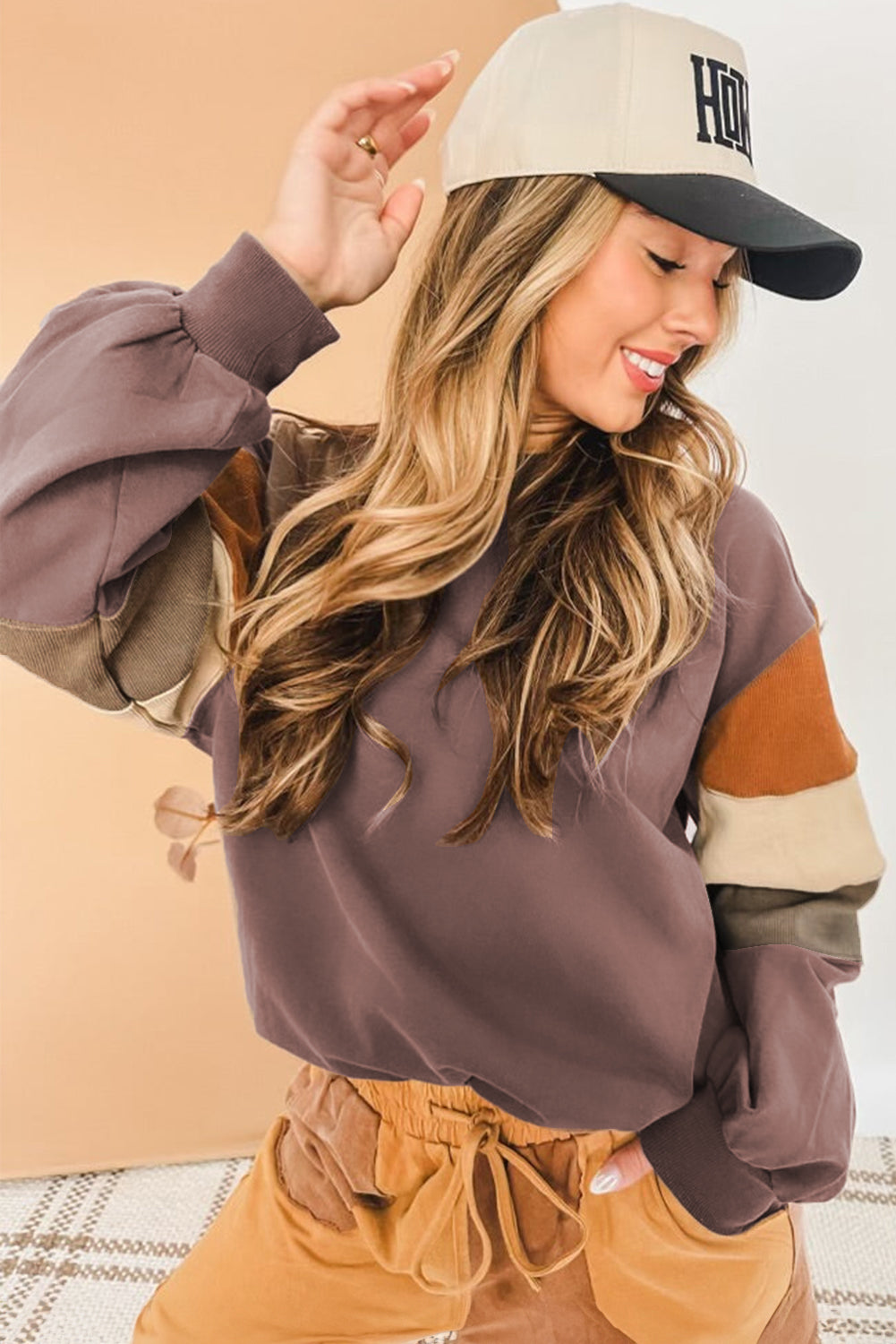 Dark Khaki Colorblock Drop Shoulder Pullover Casual Sweatshirt