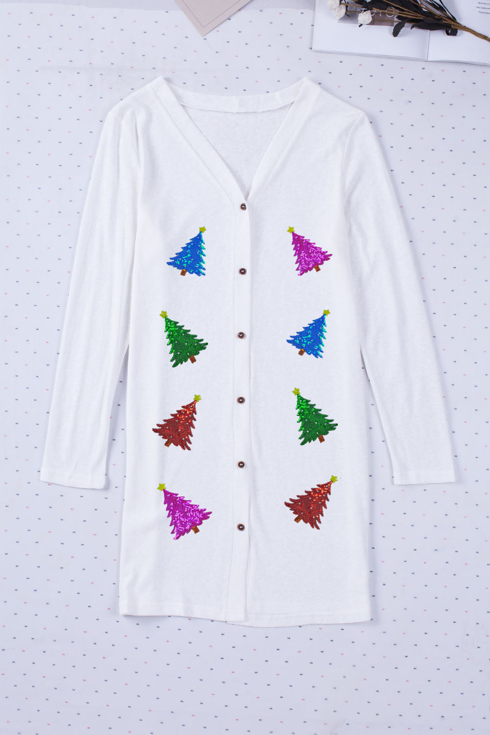 White V Neck Button Down Multi Sequin Christmas Tree Long Cardigan