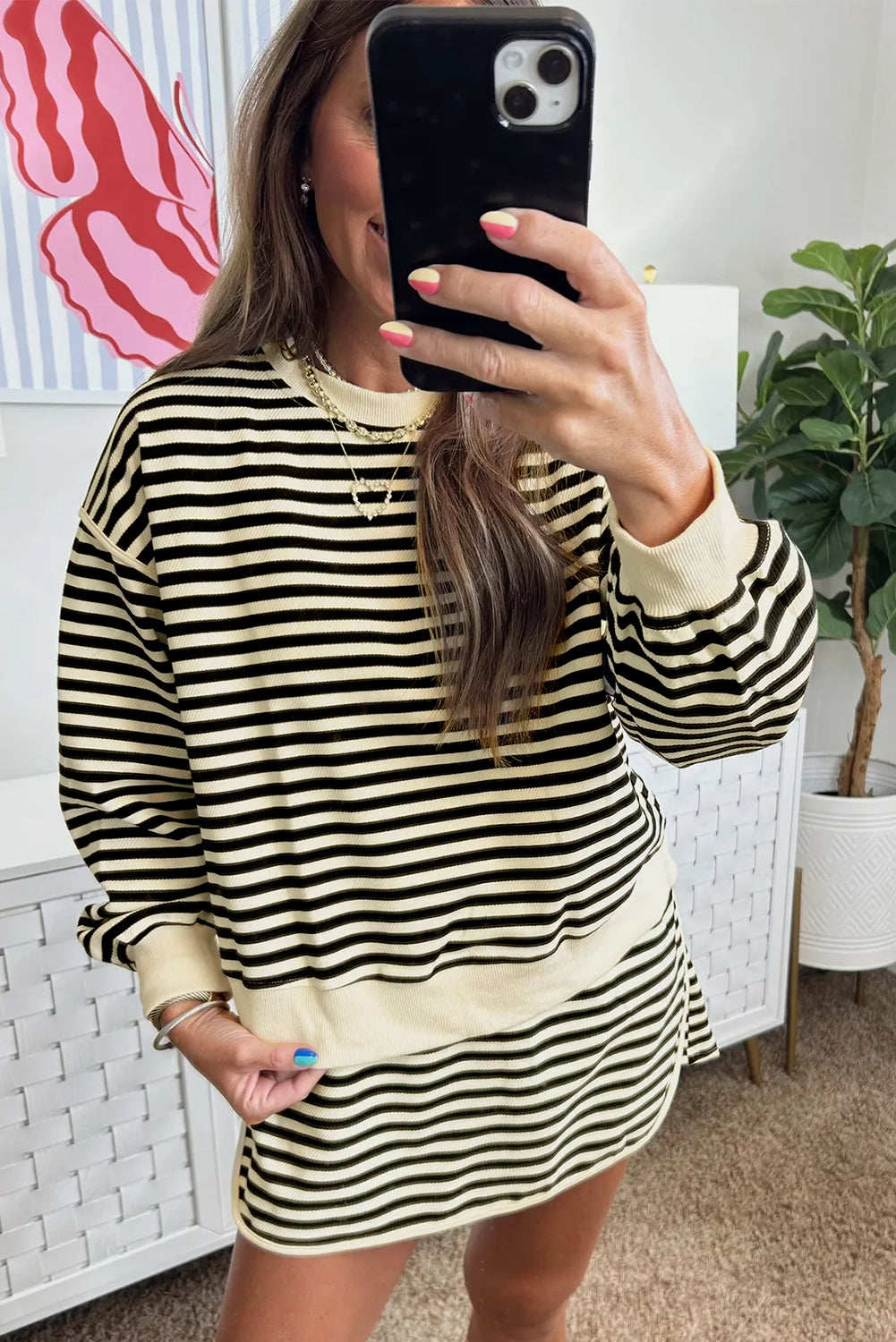 Black Stripe Textured Drop Shoulder Pullover Top Drawstring Mini Skirt Two Piece Dress Set