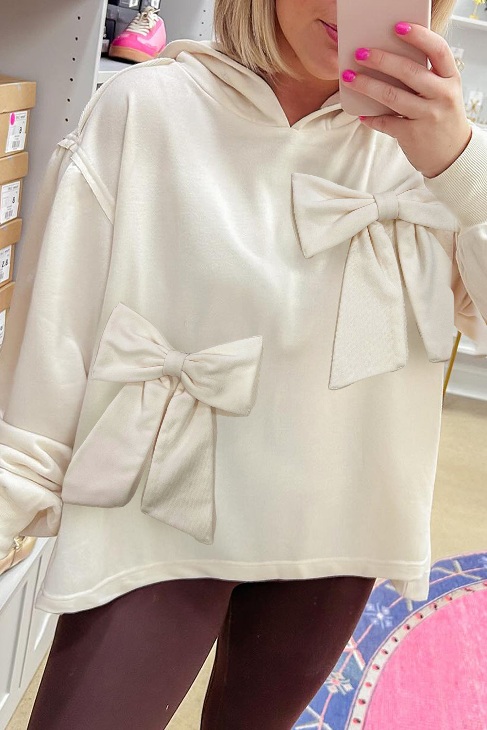 White Solid Color Cute Bow Embellished Loose Hoodie