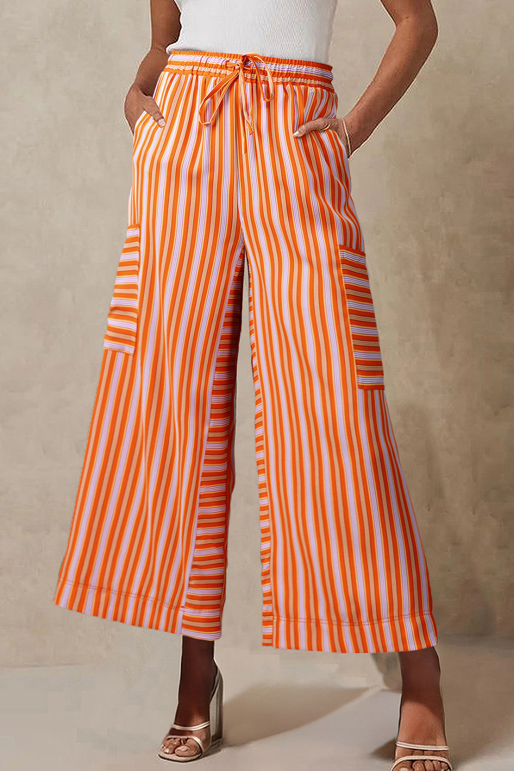 Pantalon palazzo court à rayures orange avec poches