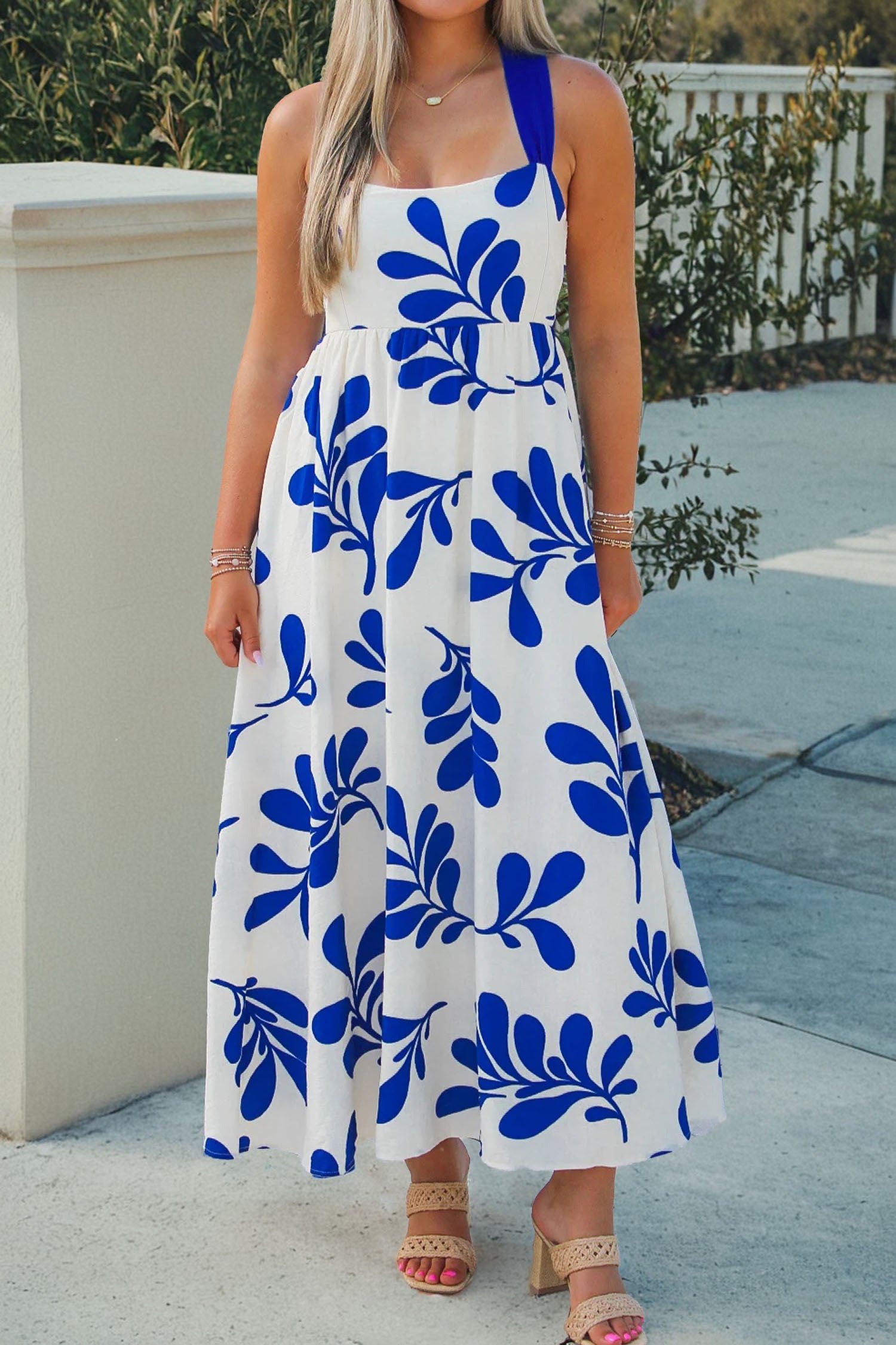 Blue Floral Print Crisscross Tie Back Sleeveless Long Dress