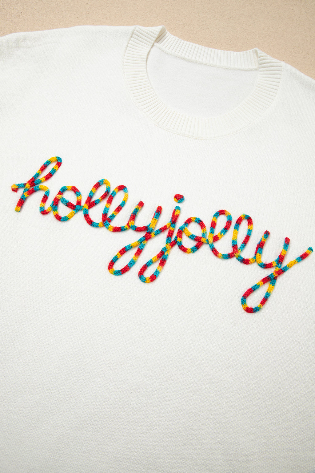 Beige Colorful Holly Jolly Christmas Knit Loose Sweater