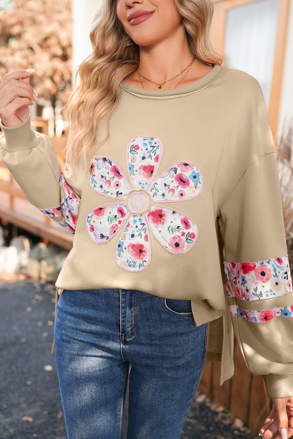 Wisteria Flower Applique Patchwork Drop Sleeve Pullover Sweatshirt