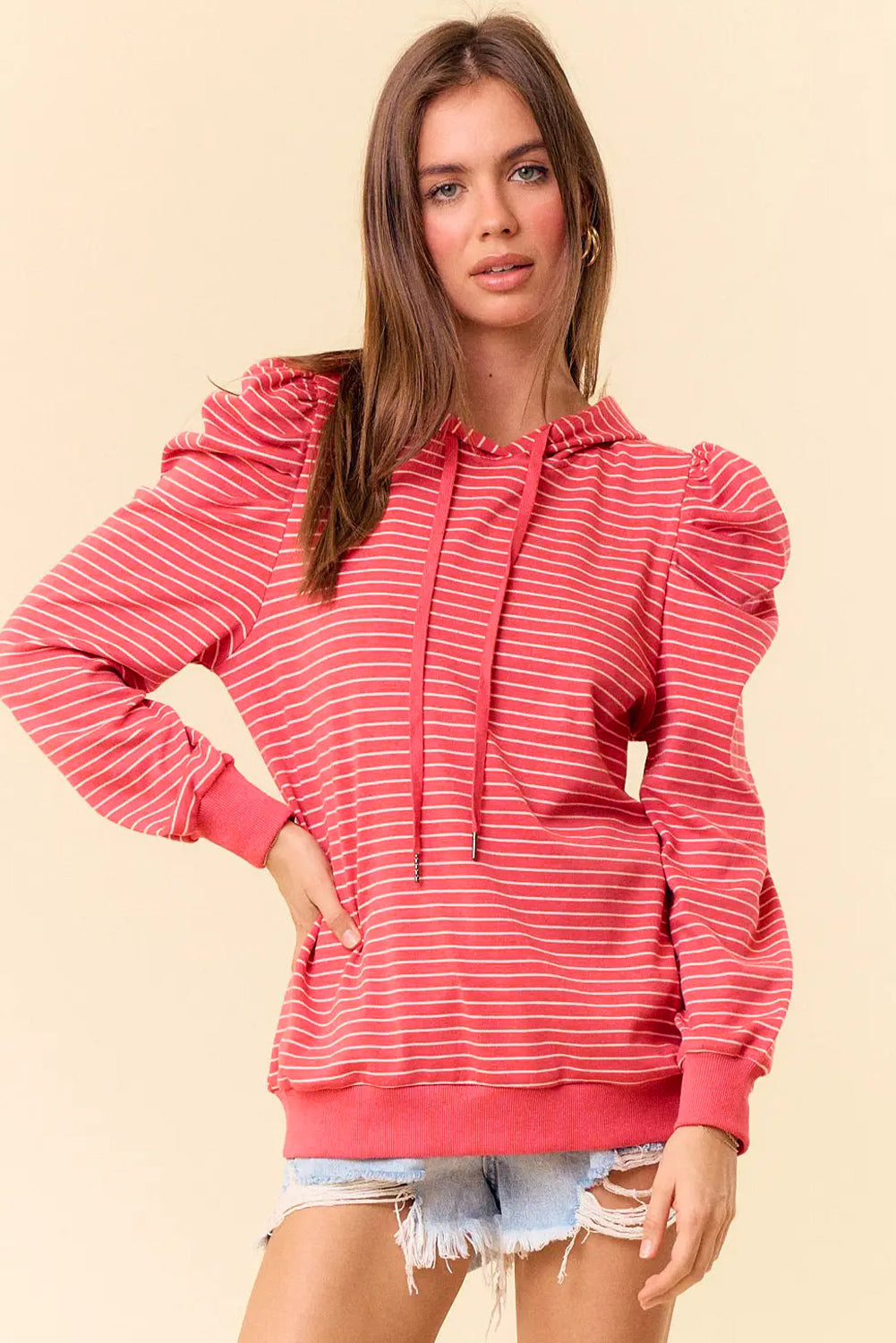 Red Striped Puff Sleeve Drawstring Hoodie