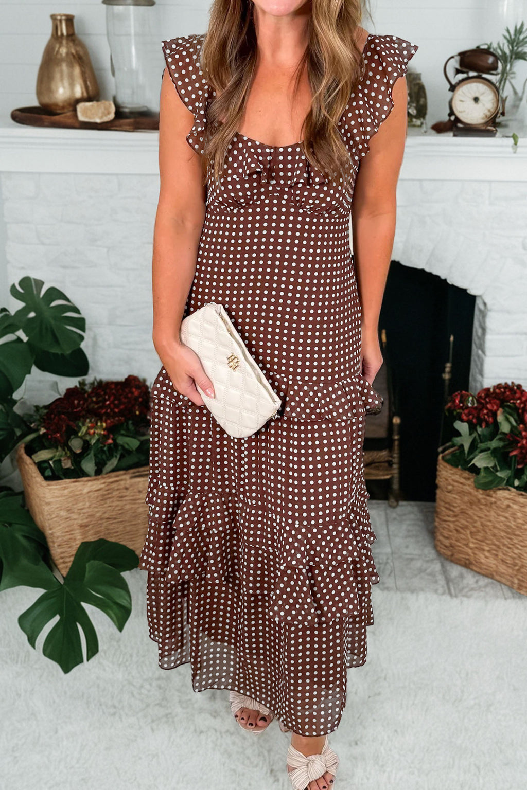 Coffee Polka Dot Print Backless Ruffled Tiered Maxi Dress