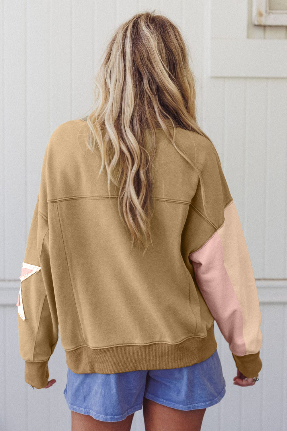 Sage Green Star Patchwork Exposed Seam Uneven Hem Sweatshirt